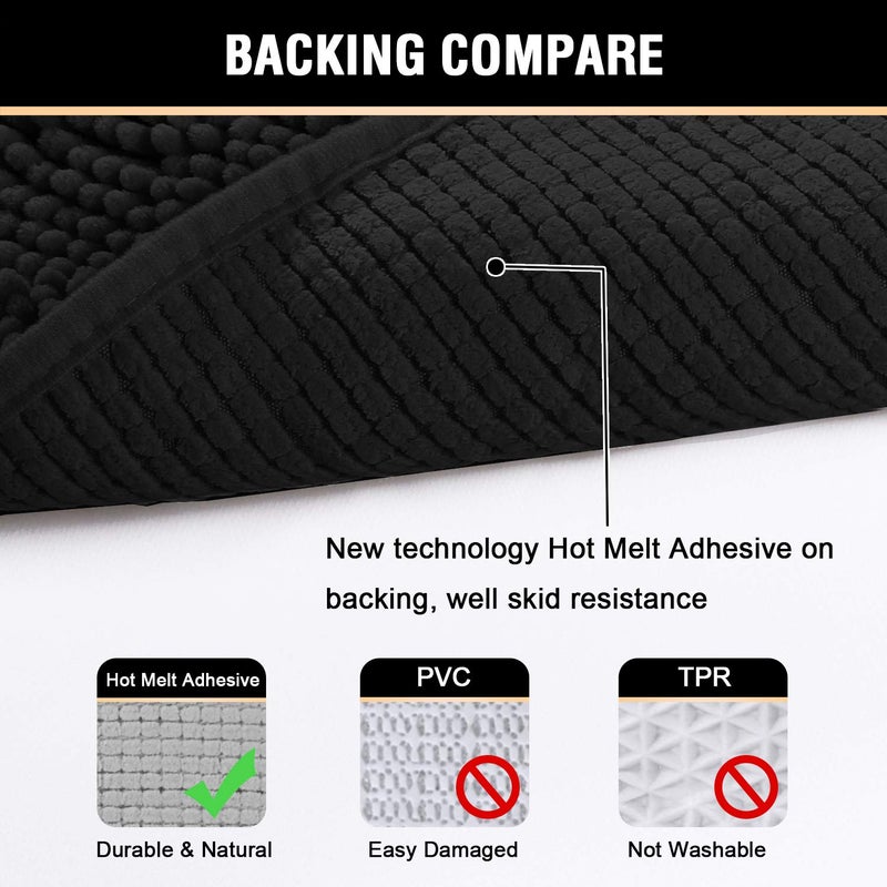 H.VERSAILTEX 20x32 Bath Mat Non-Slip Bathroom Rug Shag Shower Mat Machine-Washable Bath Mats with Water Absorbent Soft Microfibers Chenille Plush Rugs - Black - Image 5